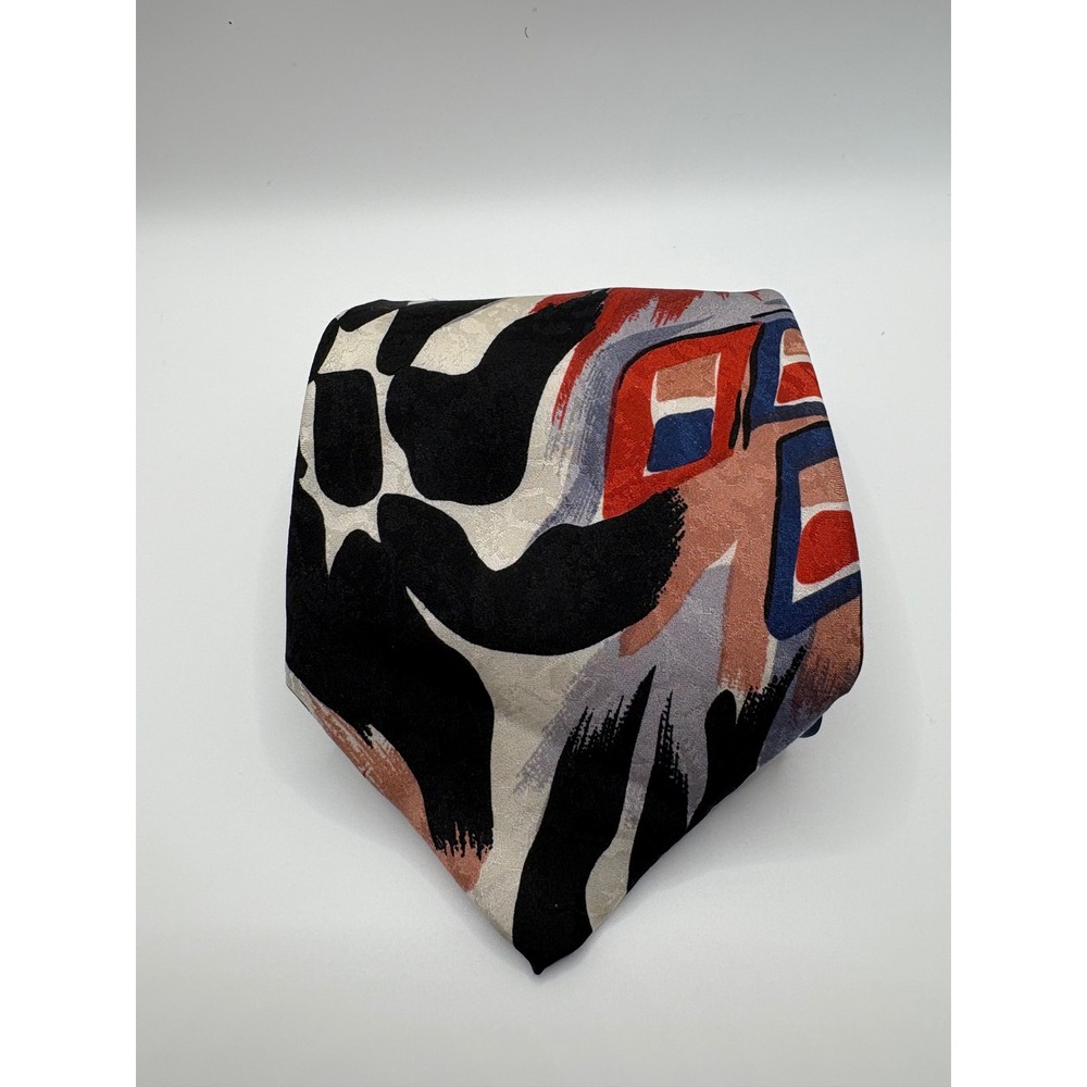 JT Beckett Mens Silk Necktie Abstract Geometric Red Blue Black Handmade Tie 4in